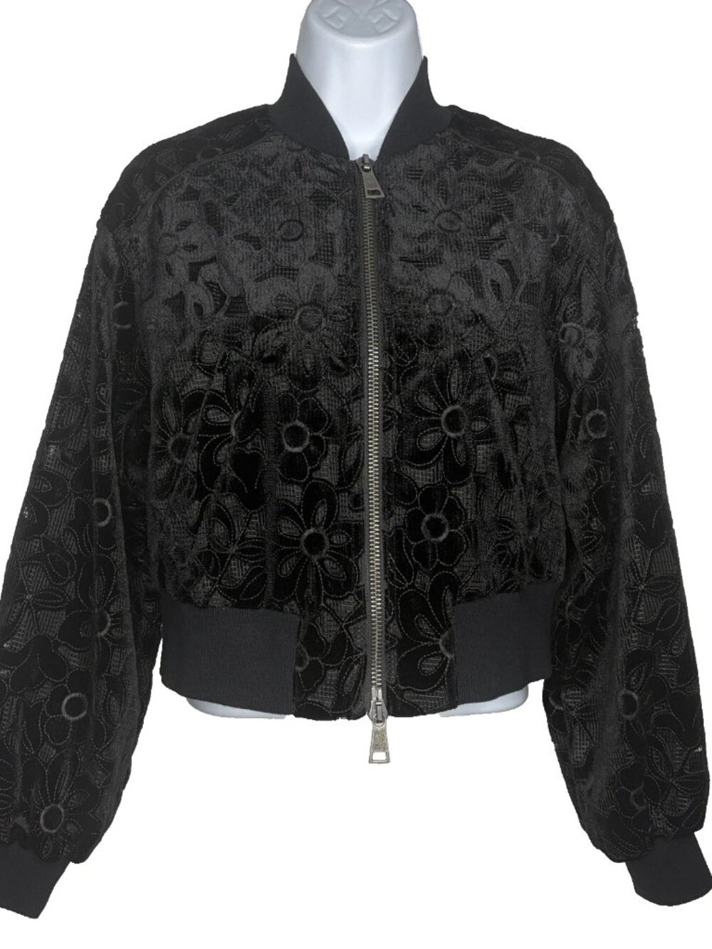 Ted Baker Zariya Black Velvet Bomber Jacket Size 4 Floral Burnout Cropped